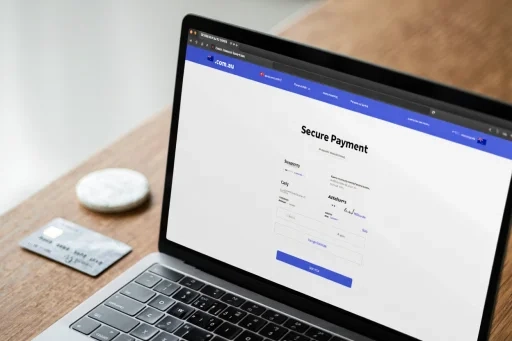 A secure online checkout screen on a laptop, being used to buy vapes online, with a credit card nearby.