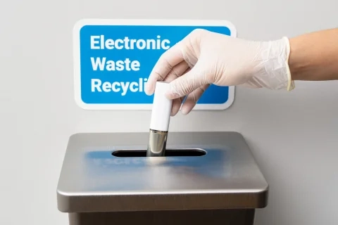 Hand dropping used disposable vapes Sydney into e-waste recycling bin