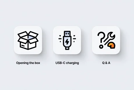 Practical guide icons for opening, charging, and troubleshooting Alibarbar vapes.