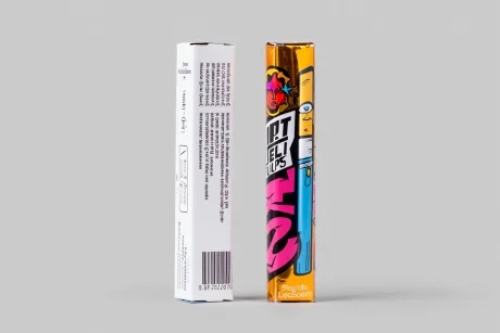 Side-by-side comparison of a plain-packaged legal vape and a colorful illegal disposable vape