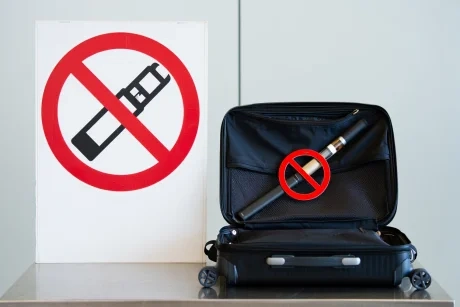 Airport customs sign indicating prohibited items, with a focus on vaping products