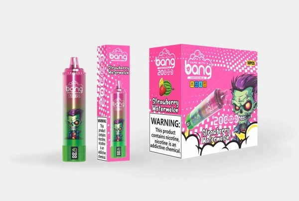 Close-up of Bang Blaze vape device showing e-liquid level and battery status on display