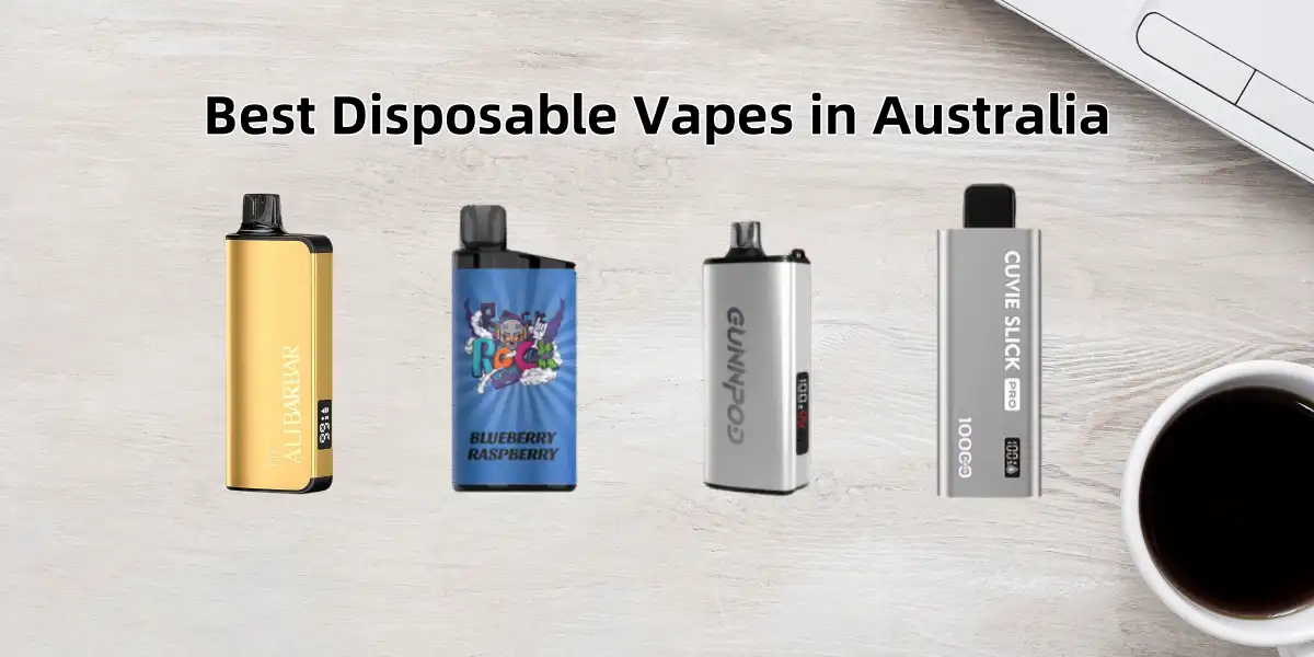 An arranged photo of the best disposable vape models in Australia for 2025, featuring IGET, Alibarbar, KUZ, and HQD.